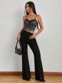 SHEIN Lace Patchwork Flare-Leg Long Pants