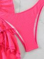 Tied & Rhinestone Decor Drawstring Solid Color Bikini Set