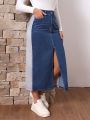 SHEIN LUNE Ladies' Long Denim Skirt With Front Slit