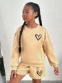 SHEIN Kids Cooltwn Girls' Fashionable Streetwear Knitted Round Neck Long Sleeve Tracksuit