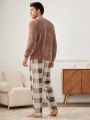 Men's Teddy Bear Letter Embroidered Top & Plaid Pants Plush Homewear Set