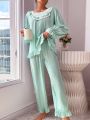 Contrast Lace Ruffle Trim Flounce Sleeve PJ Set