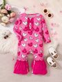 Baby Girls' Long Sleeve Romper With Heart Print