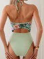 Women's Floral & Botanical Printed Halter One-Piece Swimsuit