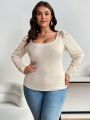 SHEIN Frenchy Plus Size Women'S Square Neck Striped Long Sleeve T-Shirt