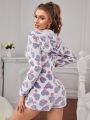 Heart Print 3D Ear Design Hooded Zipper Front Flannel Romper