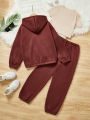 SHEIN Kids Cooltwn Big Girls' Basic Knitted Hoodie & Solid Knitted T-shirt & Knitted Joggers For Fall And Winter