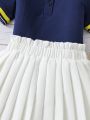 Young Girls' Stripe Short Sleeve Polo Shirt And Pleated Skirt 2pcs/Set