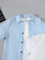 SHEIN Kids FANZEY Tween Boys' Fitted Turn-Down Collar Solid Short-Sleeved Woven Shirt 2pcs/Set
