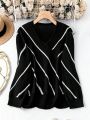 SHEIN LUNE Plus Striped Pattern Surplice Neck Button Detail Sweater