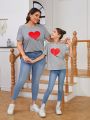 SHEIN Kids SUNSHNE Girls' Knit Love Heart Pattern Round Neck Casual Top, Mommy And Me Matching Outfits (2 Pieces Are Sold Separately)