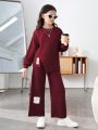 SHEIN Kids EVRYDAY Teenage Girls' Knitted Letter Patchwork Sweater & Loose Fit Long Pants Casual 2pcs Set