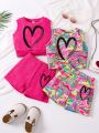 SHEIN Kids FANZEY Little Girls' Marble Heart Print Tank Top And Shorts Set