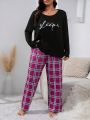 Plus Letter Graphic Tee & Plaid Pants PJ Set