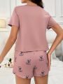 Bear Printed Short Sleeve Top And Shorts Pajamas Set