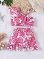 Baby Girl's Peplum Hem Printed Outfit With Tassel Detail