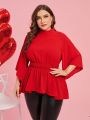 SHEIN Clasi Red Stand Collar Waist Loose Cuffs Plus Size Shirt