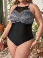 SHEIN Swim Classy Plus Size Women's Hollow Out Mesh Spliced Halterneck One Piece Swimsuit