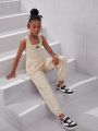 SHEIN Kids Cooltwn Tween Girls' Casual Street Style Knitted Sleeveless Vest Set