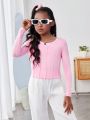 SHEIN Tween Girls' Casual And Sweet Knit Pure Color Top With Round Neck
