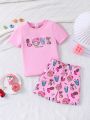 Young Girls' Cute Candy Pattern Tight Fitting Short Sleeve T-Shirt And Shorts Homewear