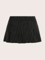 SHEIN ICON Bodycon Black And White Striped V-Shaped Waist Pleated Plus Size Skirt