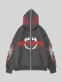 Goth Guys Letter & Cartoon Graphic Zip Up Hoodie