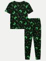SHEIN Teen Boys' Casual Video Game Pattern & Letter Printed Short Sleeve Top And Pants Homewear Set, Summer
