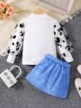 SHEIN Kids Y2Kool Toddler Girls' Autumn Long Sleeve Top & Short Skirt Set With Bow Belt