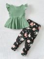 SHEIN Baby Girl Flounce Trim Round Neck Top And Flower Print Pants Casual Outfit