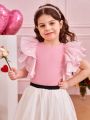 SHEIN Kids FANZEY Girls' Round Neck Double Layered Organza Ruffle Sleeve Knitted Comfortable T-Shirt