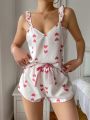 Ladies' Pajama Set With Heart Printed Pattern And Bowknot Decoration