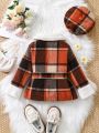 SHEIN Kids EVRYDAY Young Girl Plaid Print Borg Collar Fuzzy Cuff Belted Jacket & Hat
