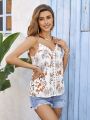 SHEIN VCAY Women's Floral Printed Patchwork Lace Spaghetti Strap Top For Holiday