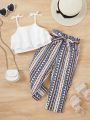 SHEIN Kids SUNSHNE Young Girls' Double-Layered Ruffle Hem Cami Top And Geometric Pattern Pants Two Piece Set