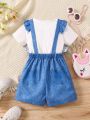 SHEIN Kids QTFun Young Girls' Cute Denim Print Jumpsuit With Short Sleeve T-Shirt Set