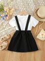 Young Girl Patched Pocket Plicated Detail Denim Overall Dress Without Tee