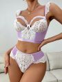 2pcs/Set Ladies' Contrast Color Net Mesh Panel Hollow Out Detail Lace Bra With Underwire And Triangle Panties Lingerie