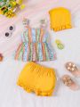 3pcs/Set Baby Girls' Casual Striped & Floral Pattern Tank Top, Drawstring Shorts And Hat For Vacation