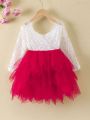 SHEIN Kids CHARMNG Young Girl Lace Bodice Layered Ruffle Hem Dress