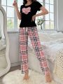 Women's Letter Print Plaid Pajama Set