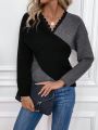 Two Tone Lace Trim Drop Shoulder Crossover Sweater