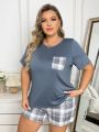 Women'S Plus Size Plaid Pocket T-Shirt Pajamas And Plaid Pajama Pants Set