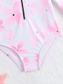 Baby Girl Floral Print Zipper Front Half-Sleeve Rashguard Swimsuit