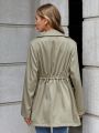 Roll Tab Sleeve Drawstring Waist Waterfall Collar Dual Pocket Coat