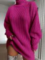 Women's Plus Size Solid Color Turtleneck Raglan Sleeve Loose Sweater Dress