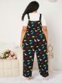 SHEIN CURVE+ Plus Size Dinosaur Print Suspender Pants With Slanted Pocket