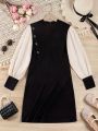 Tween Girl Two Tone Button Detail Lantern Sleeve Tissue Dress