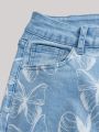 Teen Girl Butterfly Printed Elastic High Waist Flared Jeans