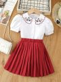 SHEIN Kids CHARMNG Girls' Doll Collar Embroidered Shirt And Pleated Skirt Lovely 2pcs Outfit